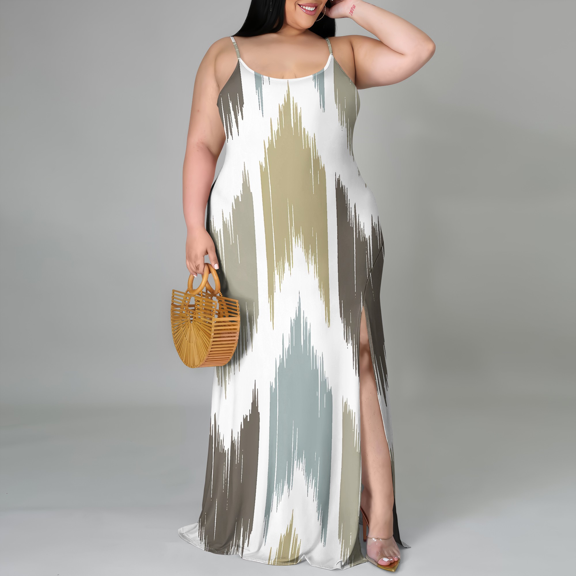 Maxi Dress Halter - Plus Size Abstract Stripe Print Maxi