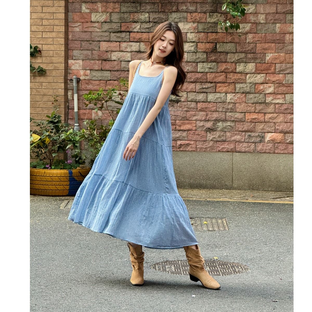 Linen Dress Wrap - Elegant Blue Plaid Cotton Linen Wrap