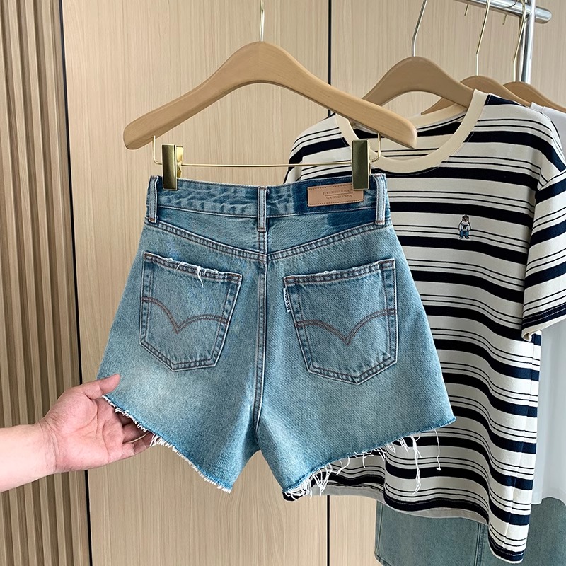Shorts Denim Frayed - High Waist Wide Leg A-Line Shorts