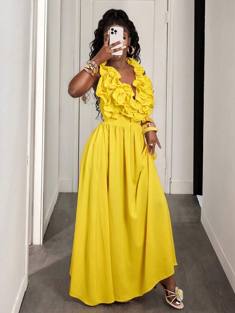 Yellow Deep V-Neck Ruffle Halt - Maxi Dress Halter review and price