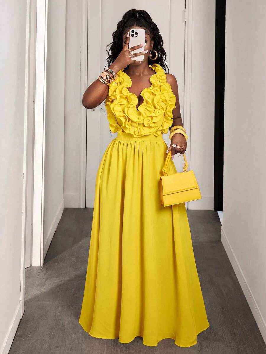 Yellow Deep V-Neck Ruffle Halt - Maxi Dress Halter review and price