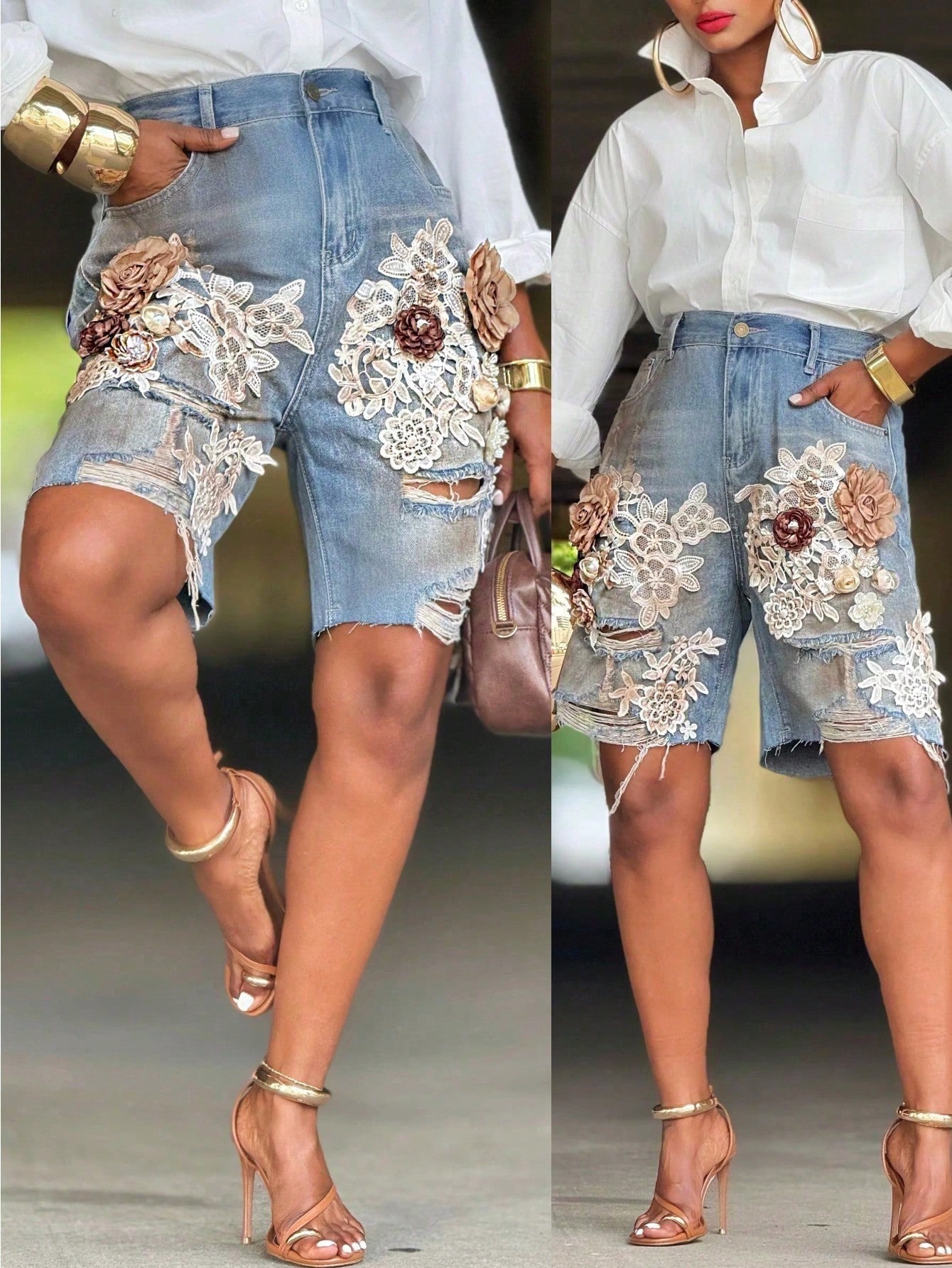 GLOURI Women 3D Floral Appliqu - Shorts Denim Frayed review and price