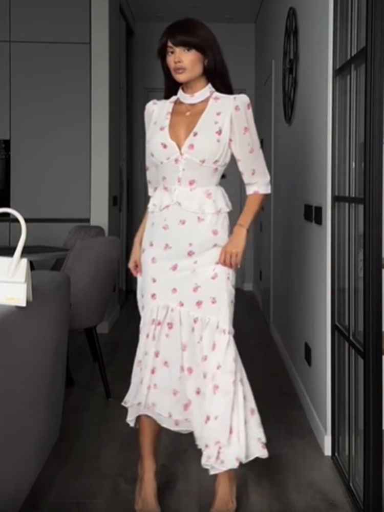 Women White Pink Floral Choker - Midi Skirt Floral review and price