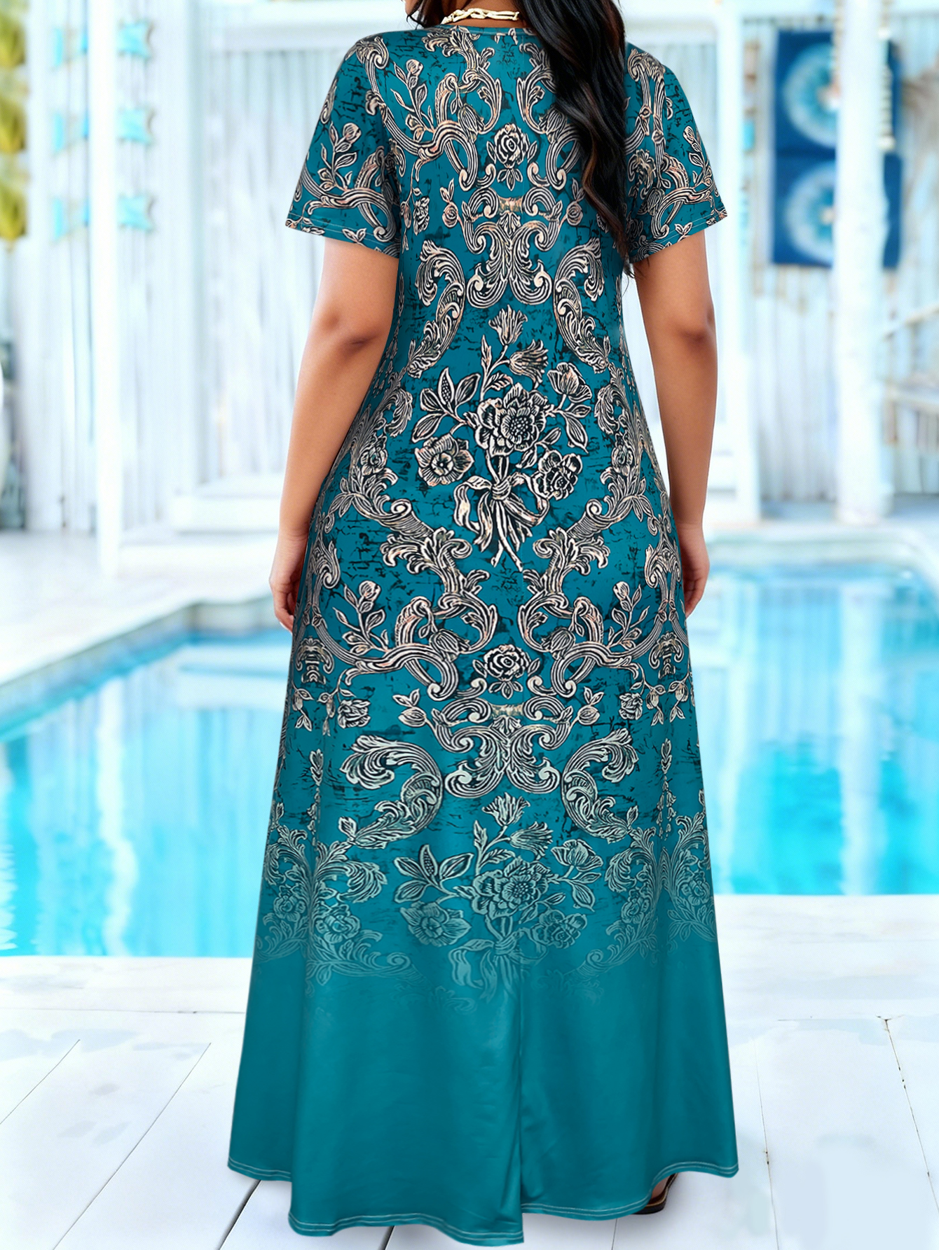 Plus Size Teal Baroque Floral  - Romper Floral Print review and price