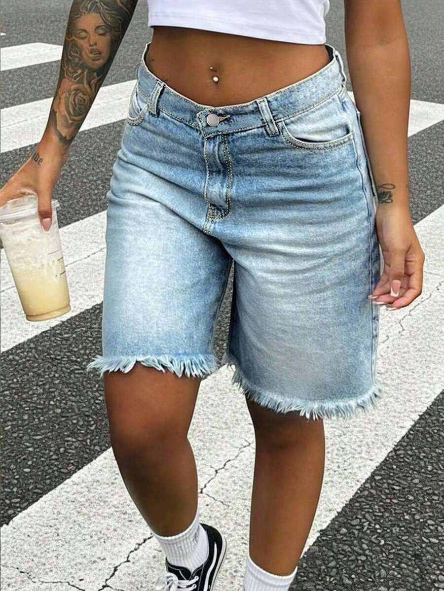 Womens Light Wash Denim Bermud - Shorts Denim Frayed review and price