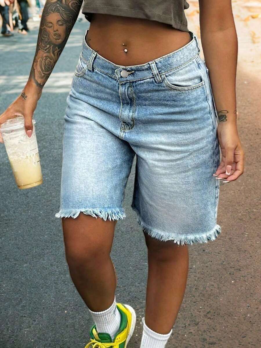 Womens Light Wash Denim Bermud - Shorts Denim Frayed review and price