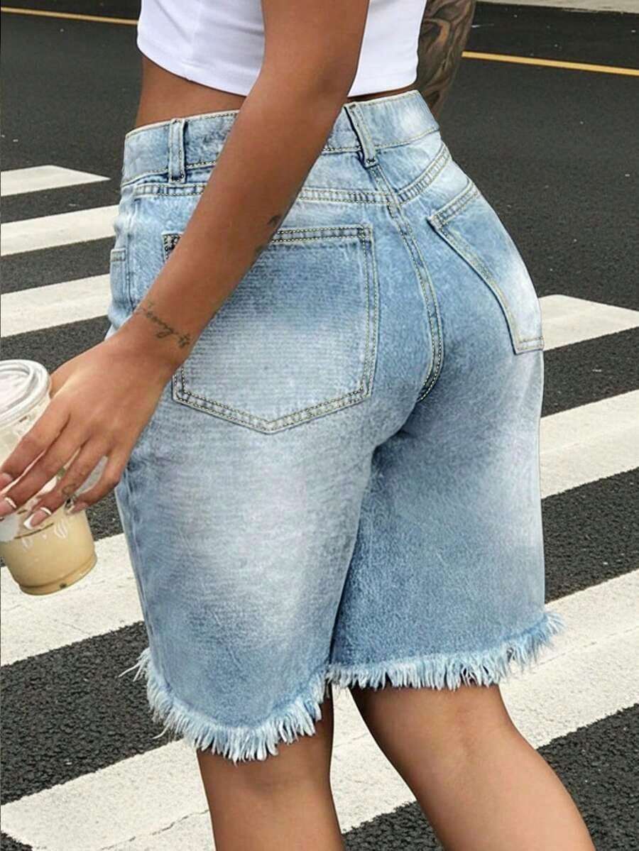 Womens Light Wash Denim Bermud - Shorts Denim Frayed review and price