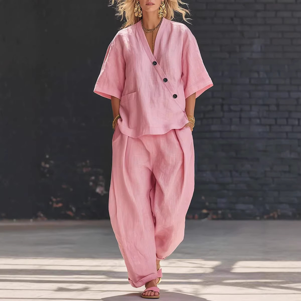 Women’s Two Piece Set Loose V  - Linen Pant Wide review and price