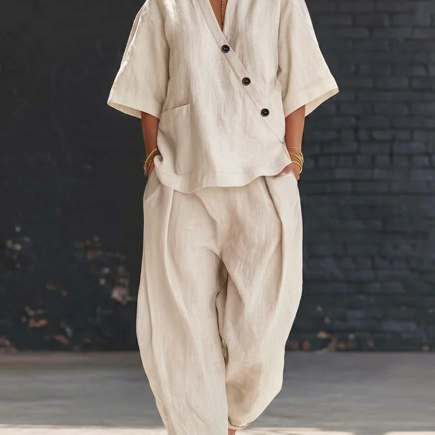 Women’s Two Piece Set Loose V  - Linen Pant Wide review and price