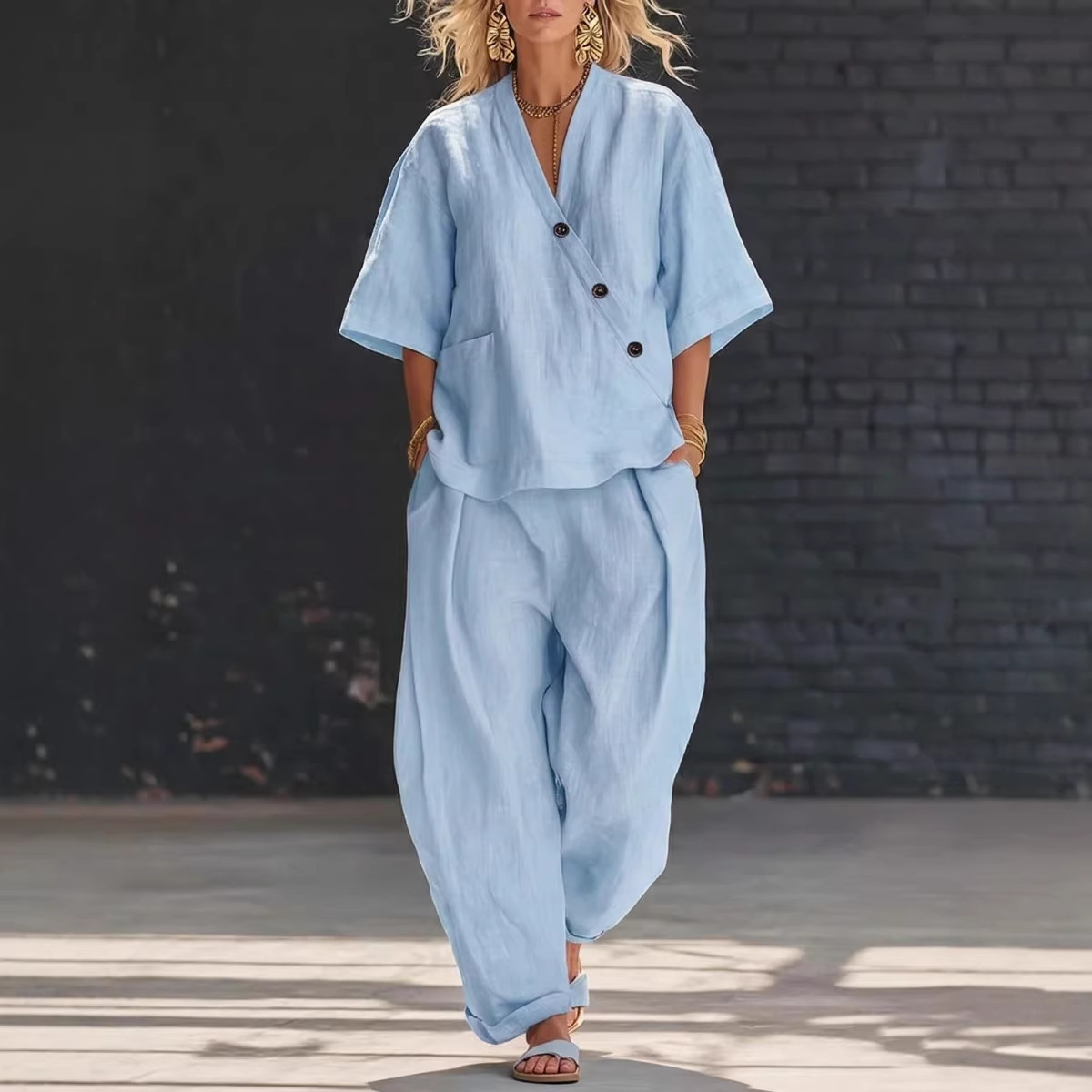 Women’s Two Piece Set Loose V  - Linen Pant Wide review and price