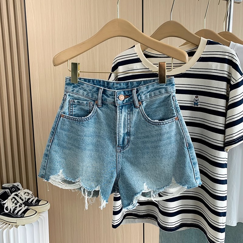 High Waist Wide Leg A-Line Sho - Shorts Denim Frayed review and price