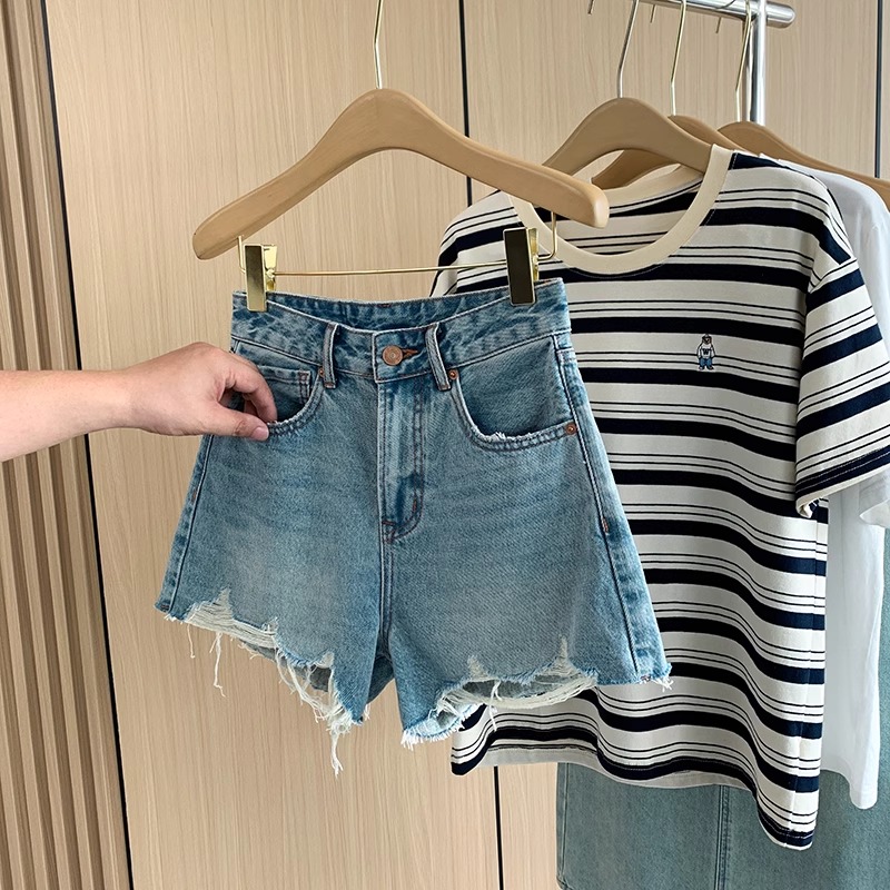 High Waist Wide Leg A-Line Sho - Shorts Denim Frayed review and price