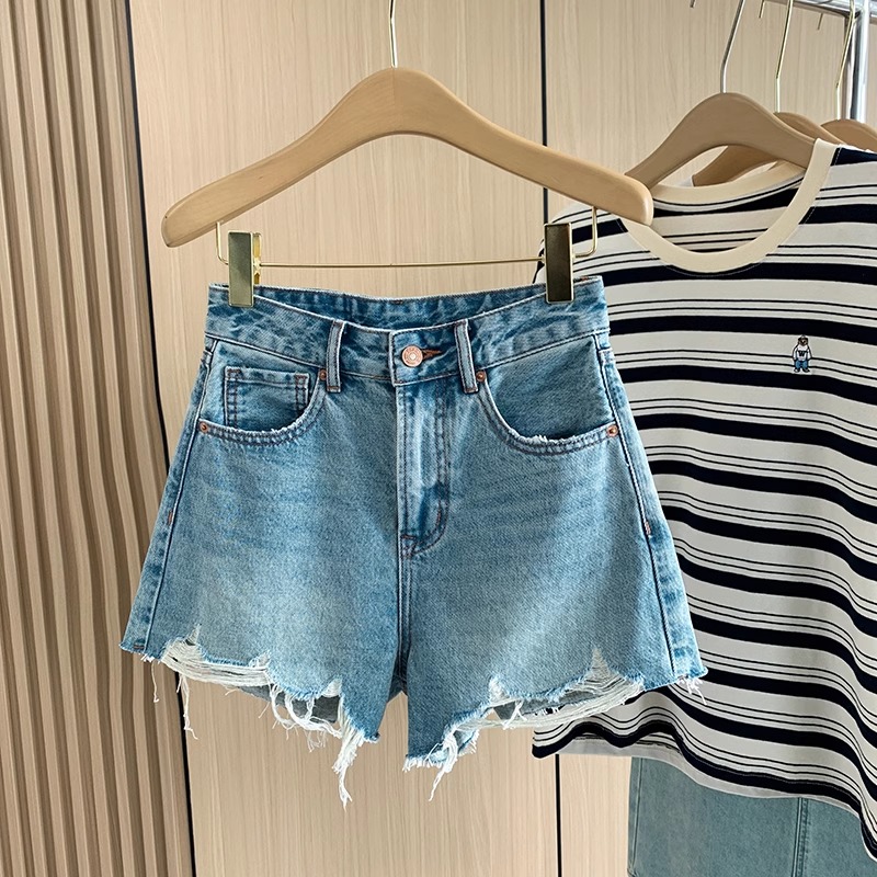 High Waist Wide Leg A-Line Sho - Shorts Denim Frayed review and price