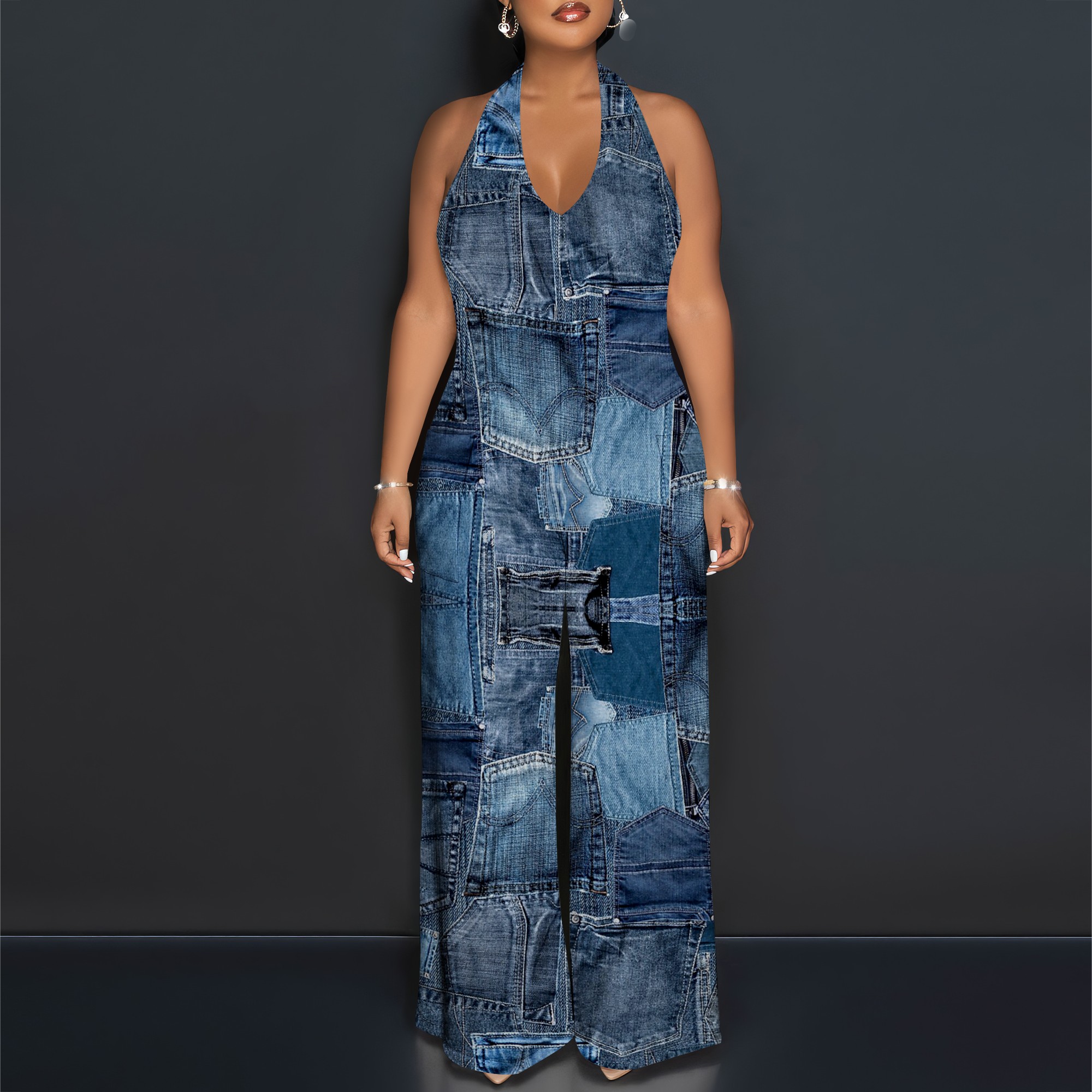 Denim Patchwork Halter V-Neck  - Maxi Dress Halter review and price
