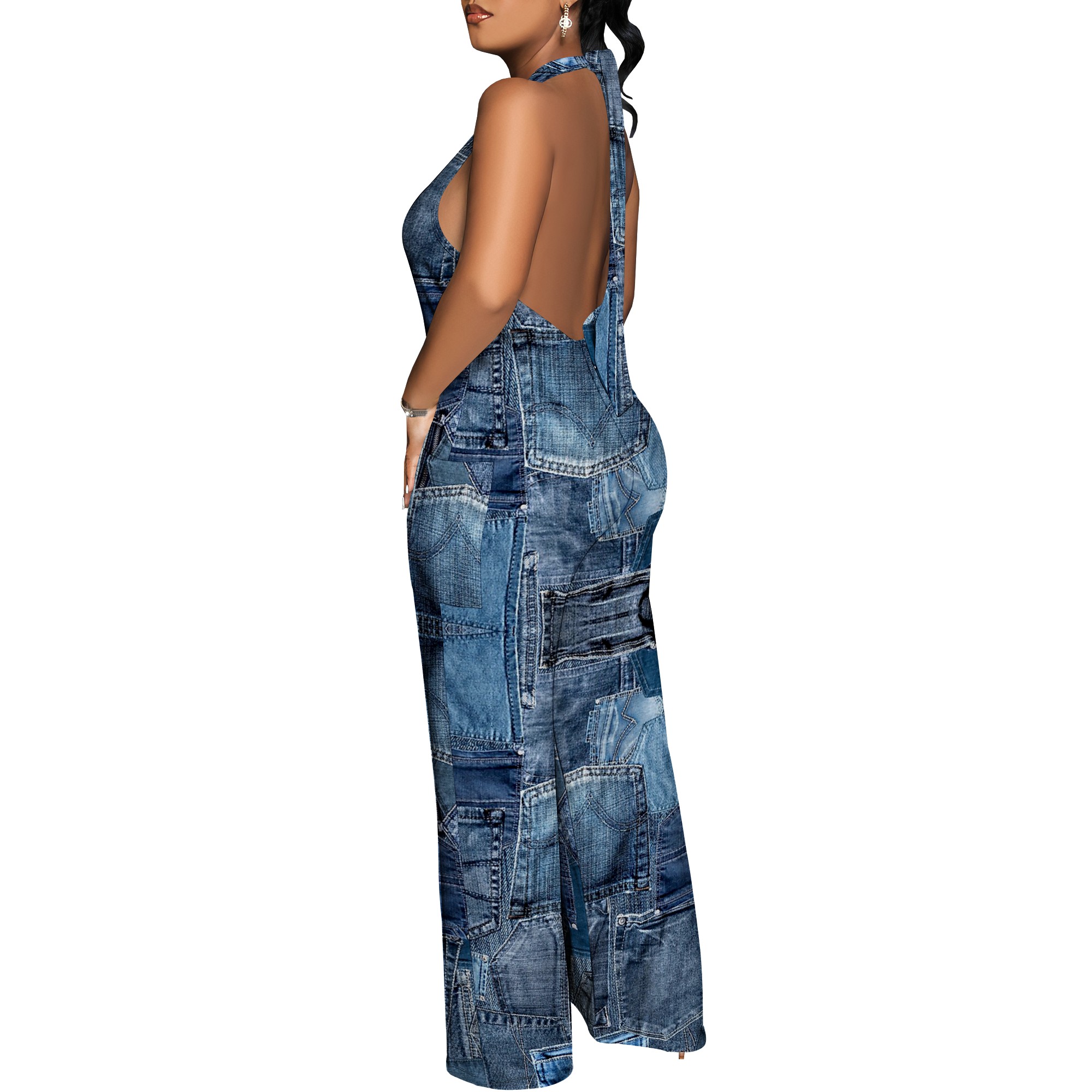 Denim Patchwork Halter V-Neck  - Maxi Dress Halter review and price